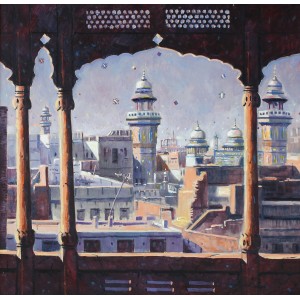 Ghulam Mustafa, View of Wazir Khan Mosque, 36 x 36 Inch, Oil on Canvas, Cityscape Painting, AC-GLM-005